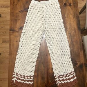 White and Brown Coastal Cowgirl Beachy Small Crochet Pants